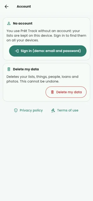 The account screen, without an account: sign in or create one, delete my data.