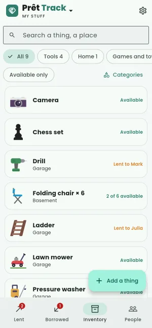 The inventory: the categories, the things, what is available and who has the rest.