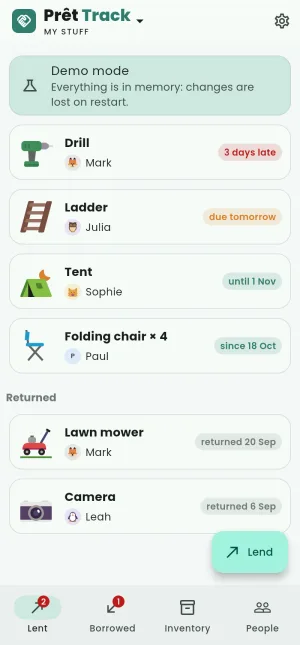 The Lent tab of the app: the drill lent to Mark, late, first, then the loans due soon.