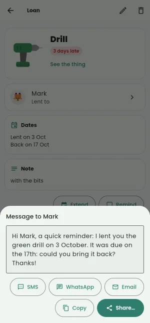 The message to Mark about the drill, and the ways to send it: SMS, WhatsApp, email, copy, share.