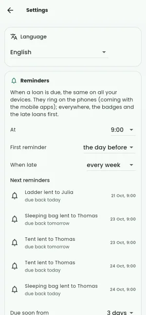 The settings: the reminders, the next reminders, the lists, the categories, the account.