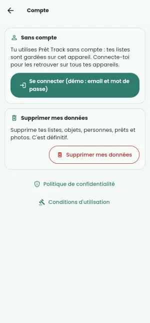 L'écran du compte, sans compte : se connecter ou en créer un, supprimer mes données.