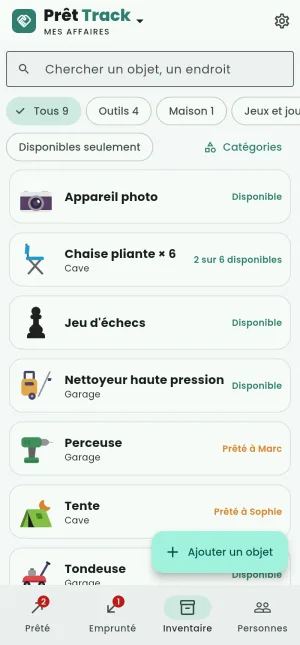 L'inventaire : les catégories, les objets, ce qui est disponible et qui a le reste.