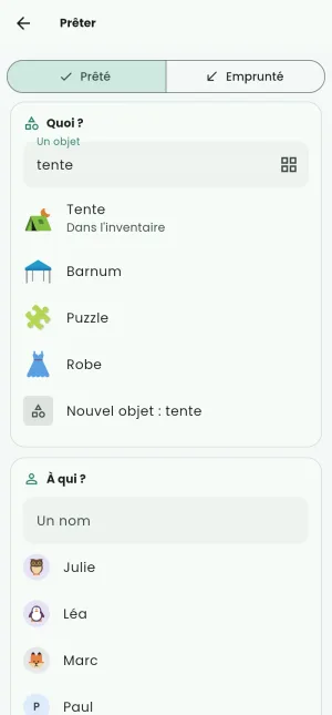 Un prêt : une tente tapée, les dessins du catalogue qui correspondent, à qui et retour quand.