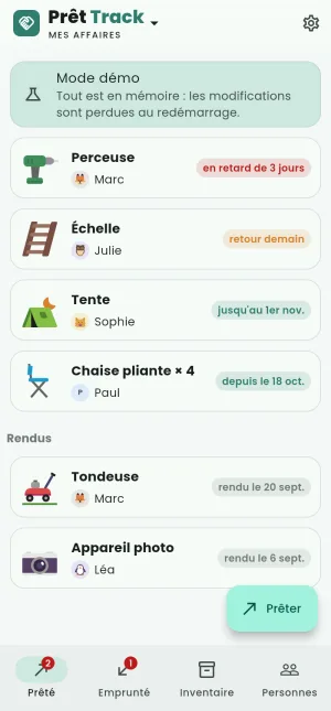 L'onglet Prêté de l'app : la perceuse prêtée à Marc, en retard, en premier, puis les prêts bientôt dus.