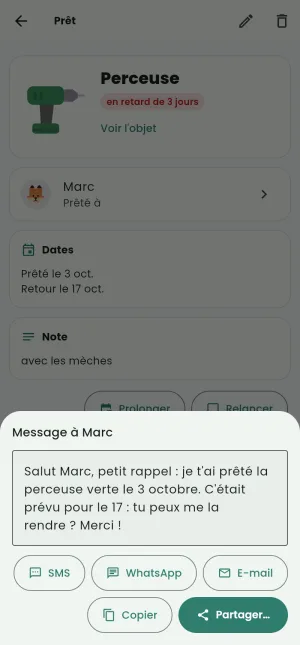 Le message à Marc pour la perceuse, et les façons de l'envoyer : SMS, WhatsApp, e-mail, copier, partager.