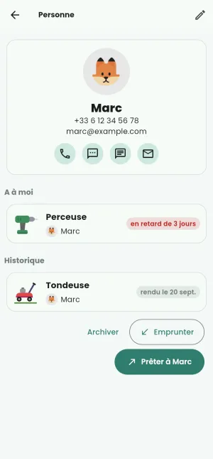 Marc : la perceuse qu'il a, et les façons de le joindre.