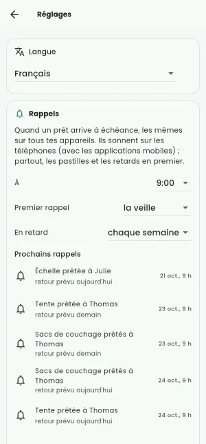 Les réglages : les rappels, les prochains rappels, les listes, les catégories, le compte.
